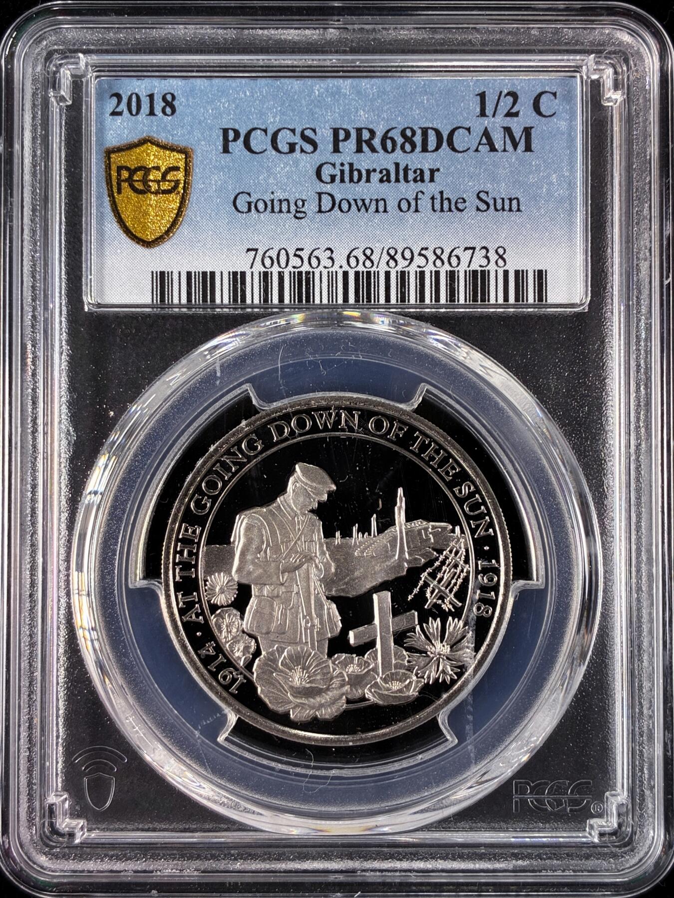 【雨安】【直播拍卖】【世界币章121期-评级币】2025-12-20 周六 19:30 保真 [评级现代] Gibraltar 直布罗陀 1/2克朗 2018年 日落 PCGS-PR68DCAM 精制