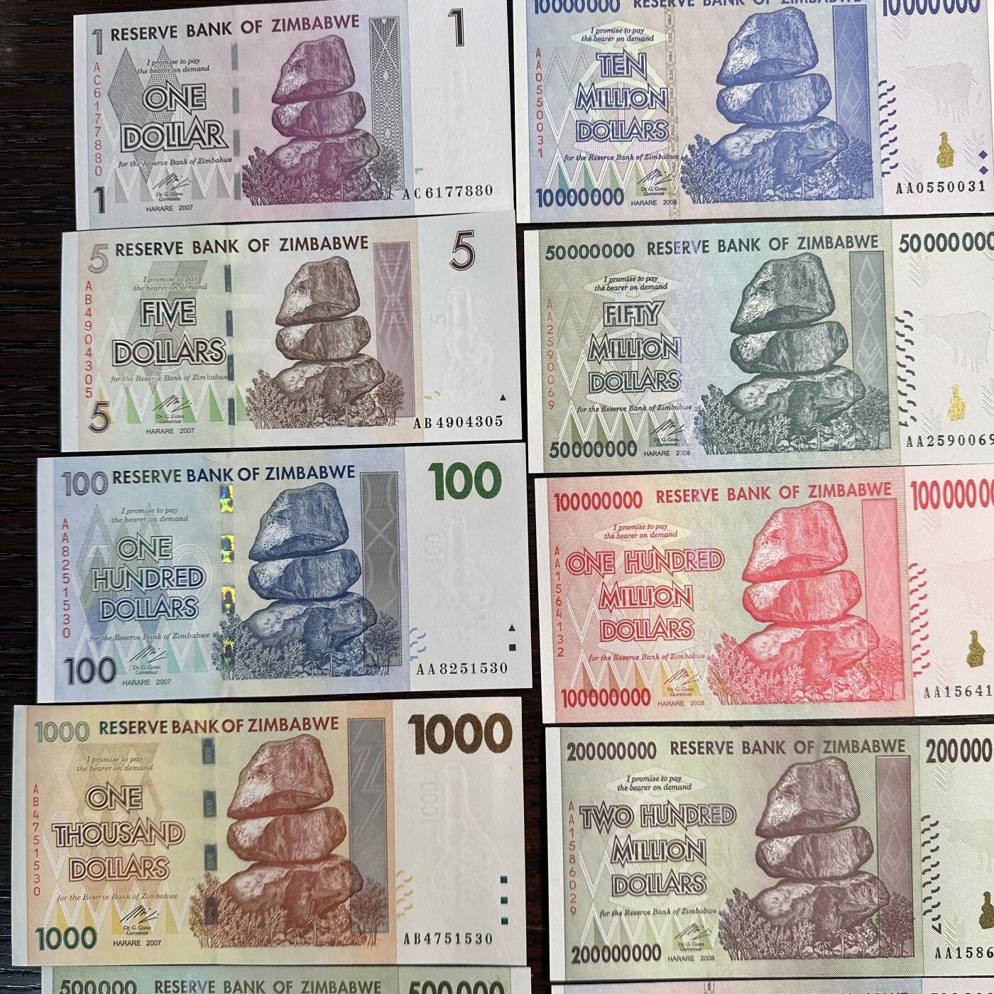 蒂克钱币-第51场 外国平价纸币最后一场 津巴布韦通货膨胀时期 纸币 一组 全新（有月牙痕）
