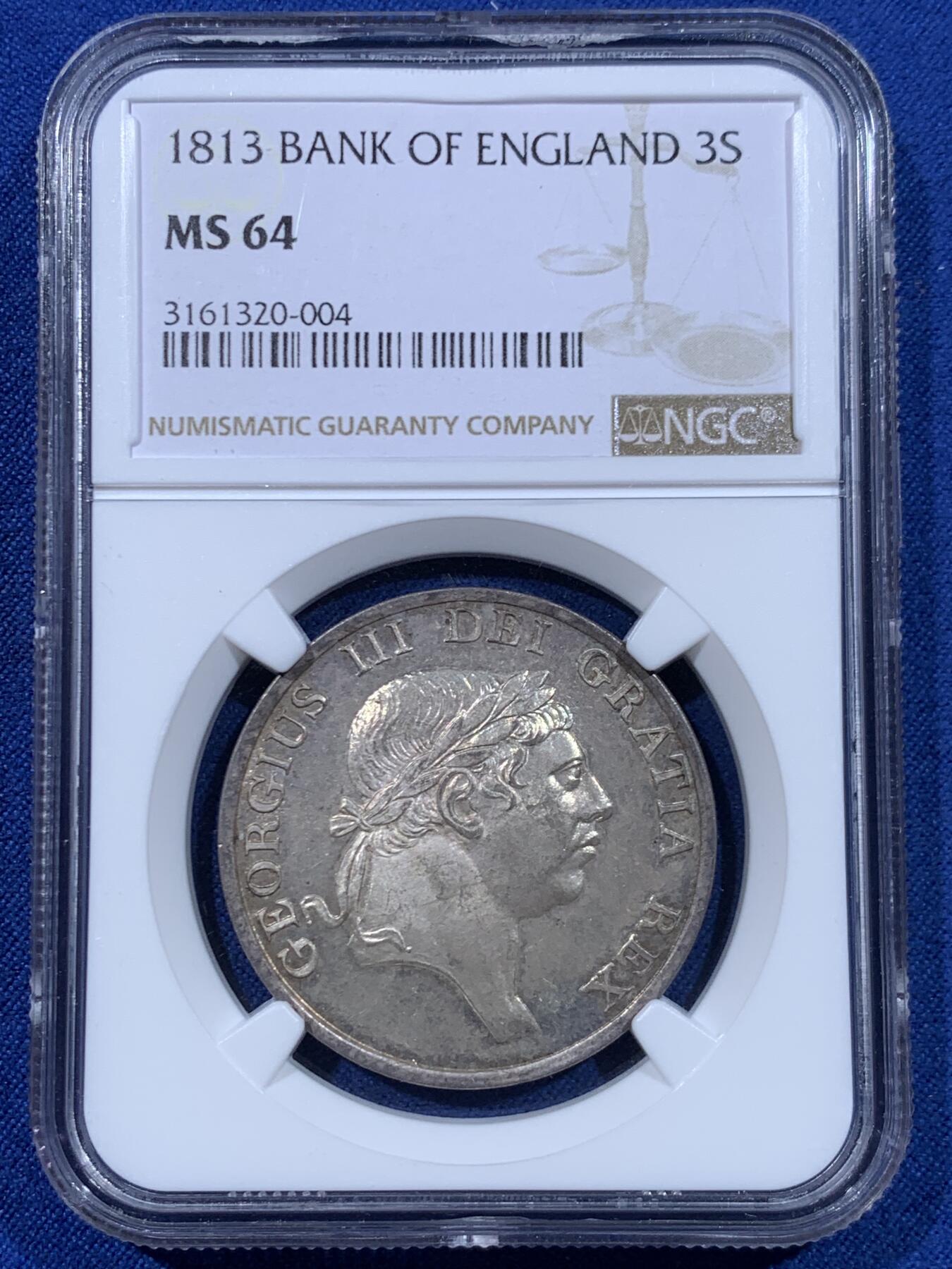 《竞宝斋》第447场 周日，周一，2场连拍 （全场包邮） NGC MS64 英国1813年乔治三世-英格兰银行3先令银币 非常少见的品种 能到64分不容易 亚军分