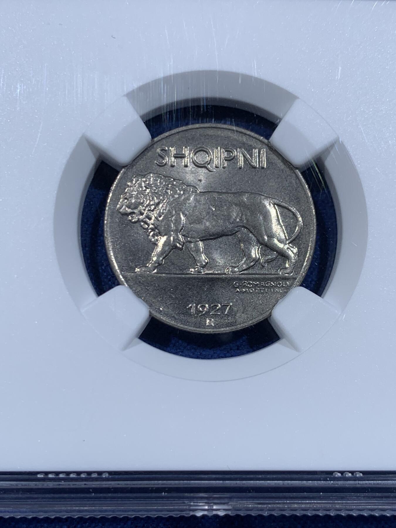 《竞宝斋》第447场 周日，周一，2场连拍 （全场包邮） NGC MS64 阿尔巴尼亚 1927年 1/4列克 辅币这个状态不易