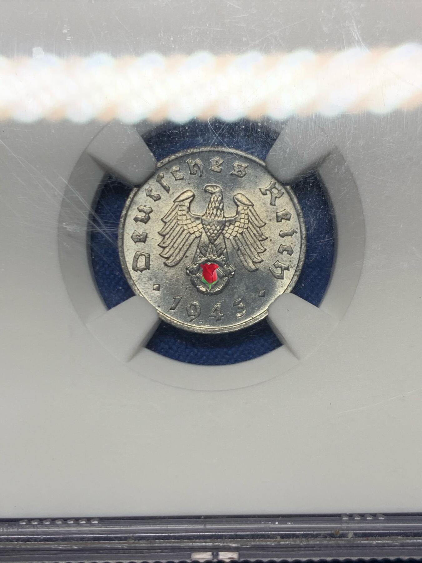 《竞宝斋》第447场 周日，周一，2场连拍 （全场包邮） NGC MS64 德国 1943F 1芬妮 经典小锌币 保存到如此品相不容易 值得入手