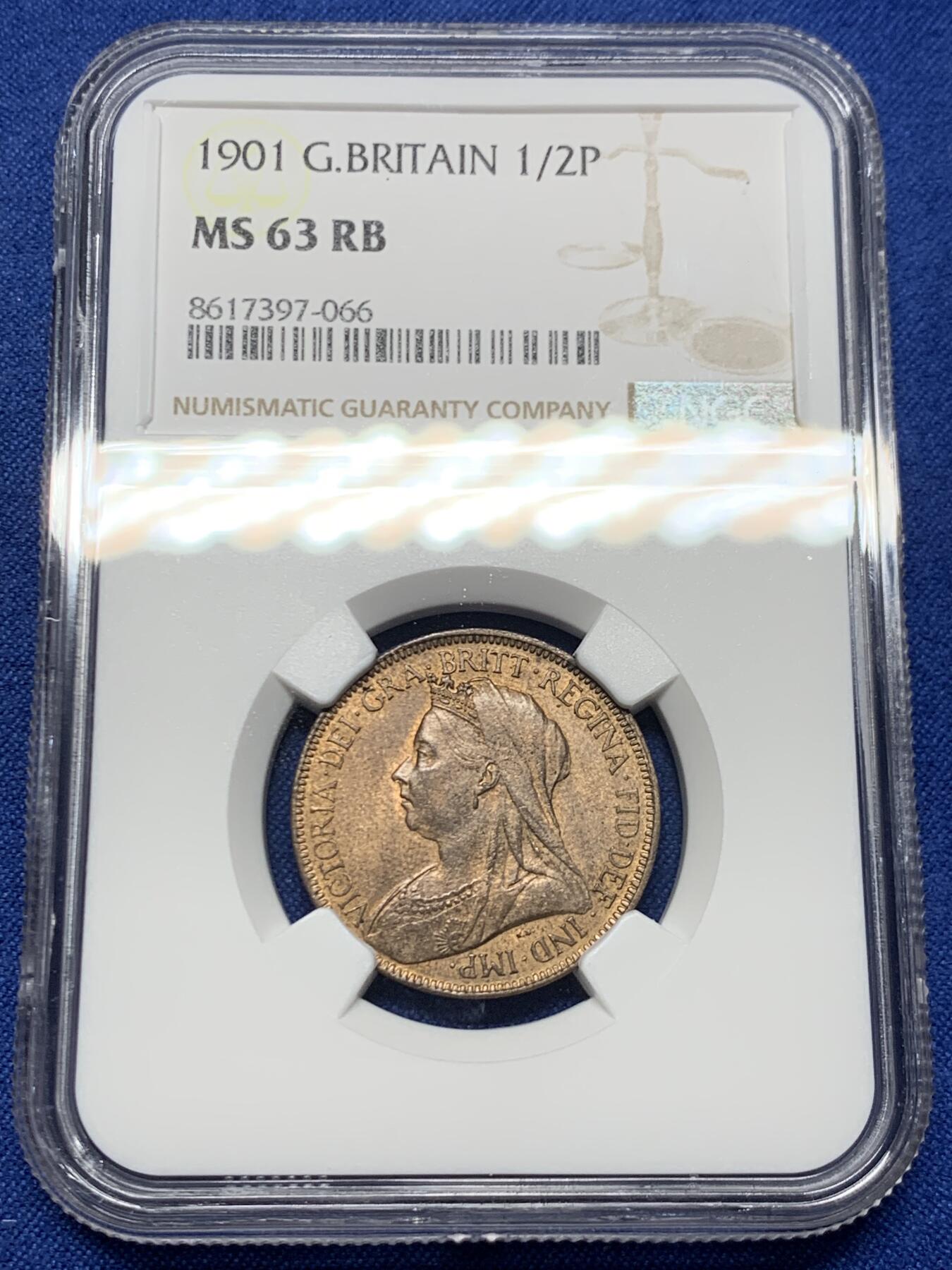 《竞宝斋》第447场 周日，周一，2场连拍 （全场包邮） NGC MS63RB 英国1901年1/2便士铜币，维多利亚披纱头像，铜光不错