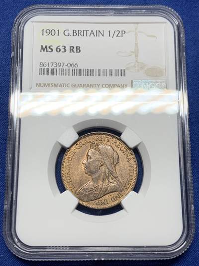 《竞宝斋》第447场 周日，周一，2场连拍 （全场包邮） - NGC MS63RB 英国1901年1/2便士铜币，维多利亚披纱头像，铜光不错