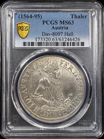 【雨安】【直播拍卖】【世界币章121期-评级币】2025-12-20 周六 19:30 保真 - [评级欧洲] Austria 奥地利 1泰勒 Early早期无纪年 斐迪南二世 (1564-95)  PCGS-MS63 凝霜粉光 一流品相 更高分数仅2枚