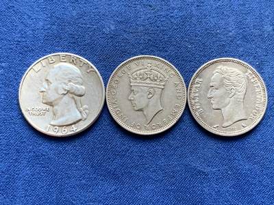 《竞宝斋》第447场 周日，周一，2场连拍 （全场包邮） - 三枚一组 委内瑞拉1960年1玻利瓦尔银币+美国1964年华盛顿25美分银币+英属马来亚1939年20分银币