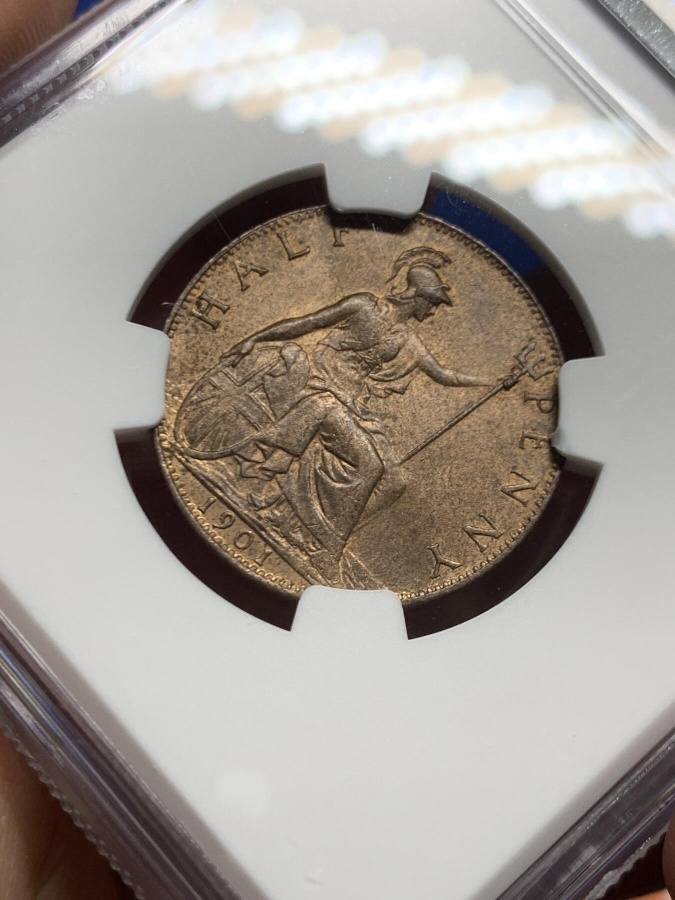 《竞宝斋》第447场 周日，周一，2场连拍 （全场包邮） NGC MS63RB 英国1901年1/2便士铜币，维多利亚披纱头像，铜光不错