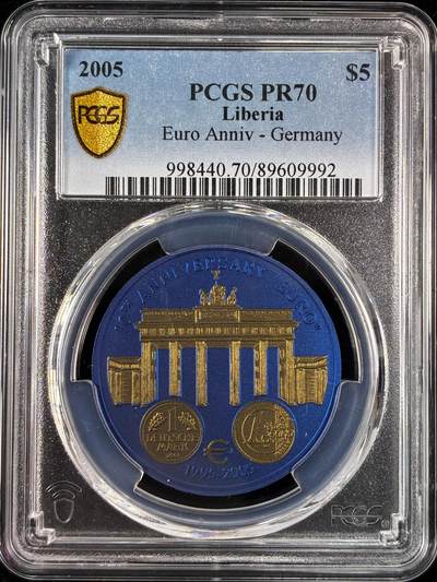 【雨安】【直播拍卖】【世界币章121期-评级币】2025-12-20 周六 19:30 保真 - [评级现代] Liberia 利比里亚 5元 2005年 欧元纪念 德国 PCGS-PR70 精制