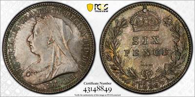 《竞宝斋》第447场 周日，周一，2场连拍 （全场包邮） - PCGS MS65 英国1893年维多利亚批纱版6便士银币 双面绿彩包浆 转光犀利 季军分