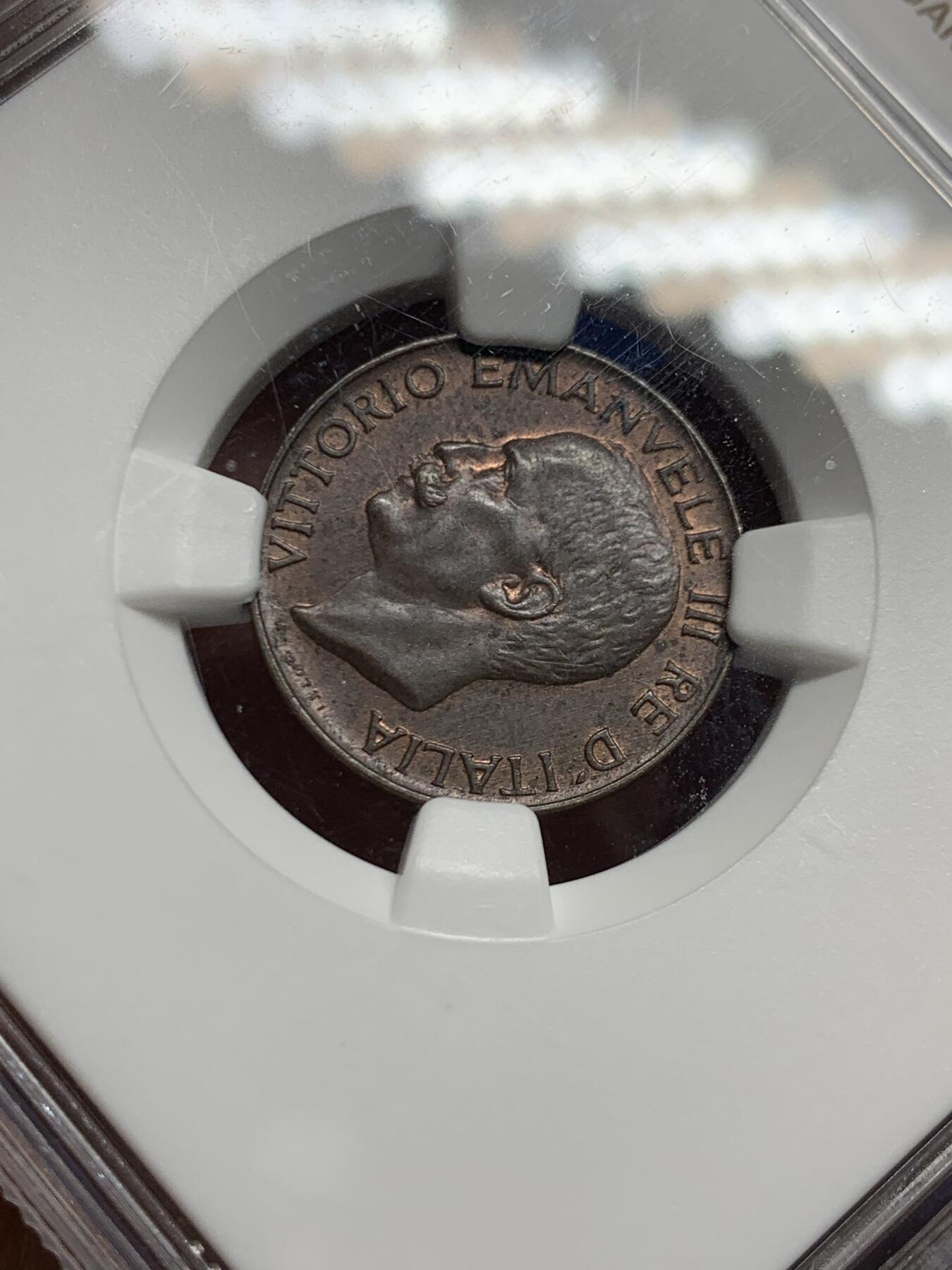 《竞宝斋》第447场 周日，周一，2场连拍 （全场包邮） NGC MS63BN 意大利1922年麦穗五分铜币，意大利经典品种，巧克力包浆十分好看