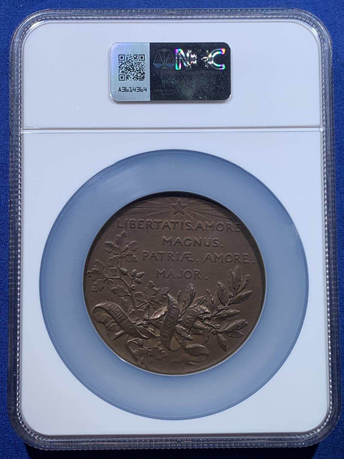 《竞宝斋》第447场 周日，周一，2场连拍 （全场包邮） NGC MS64BN 1882年法国第三共和国众议院议长莱昂•甘必大逝世纪念大铜章 法系罗蒂名家雕刻 69mm 加大加厚盒