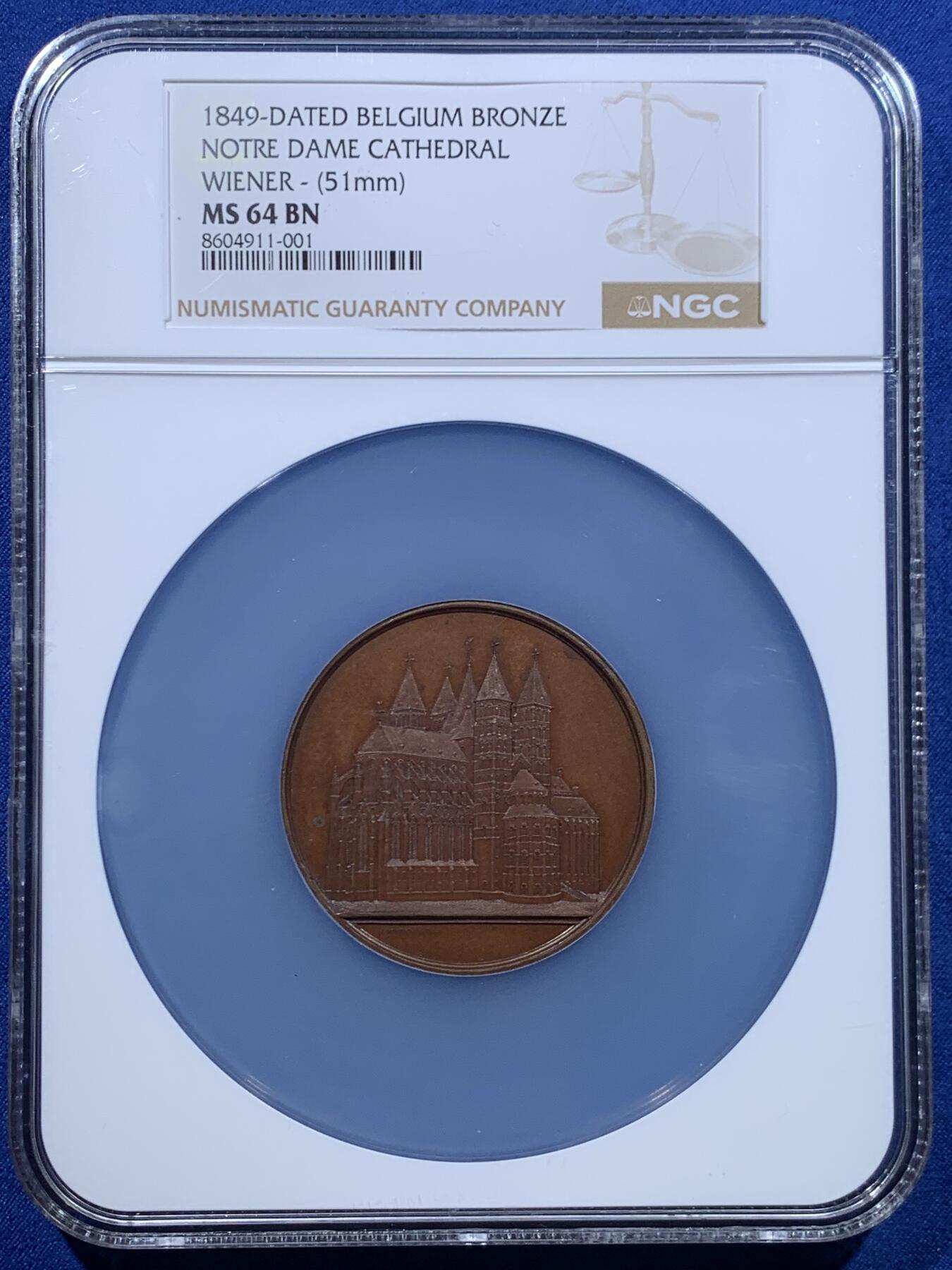 《竞宝斋》第447场 周日，周一，2场连拍 （全场包邮） NGC MS64BN 超高分 比利时图尔奈圣母大教堂铜章，加大盒装。
