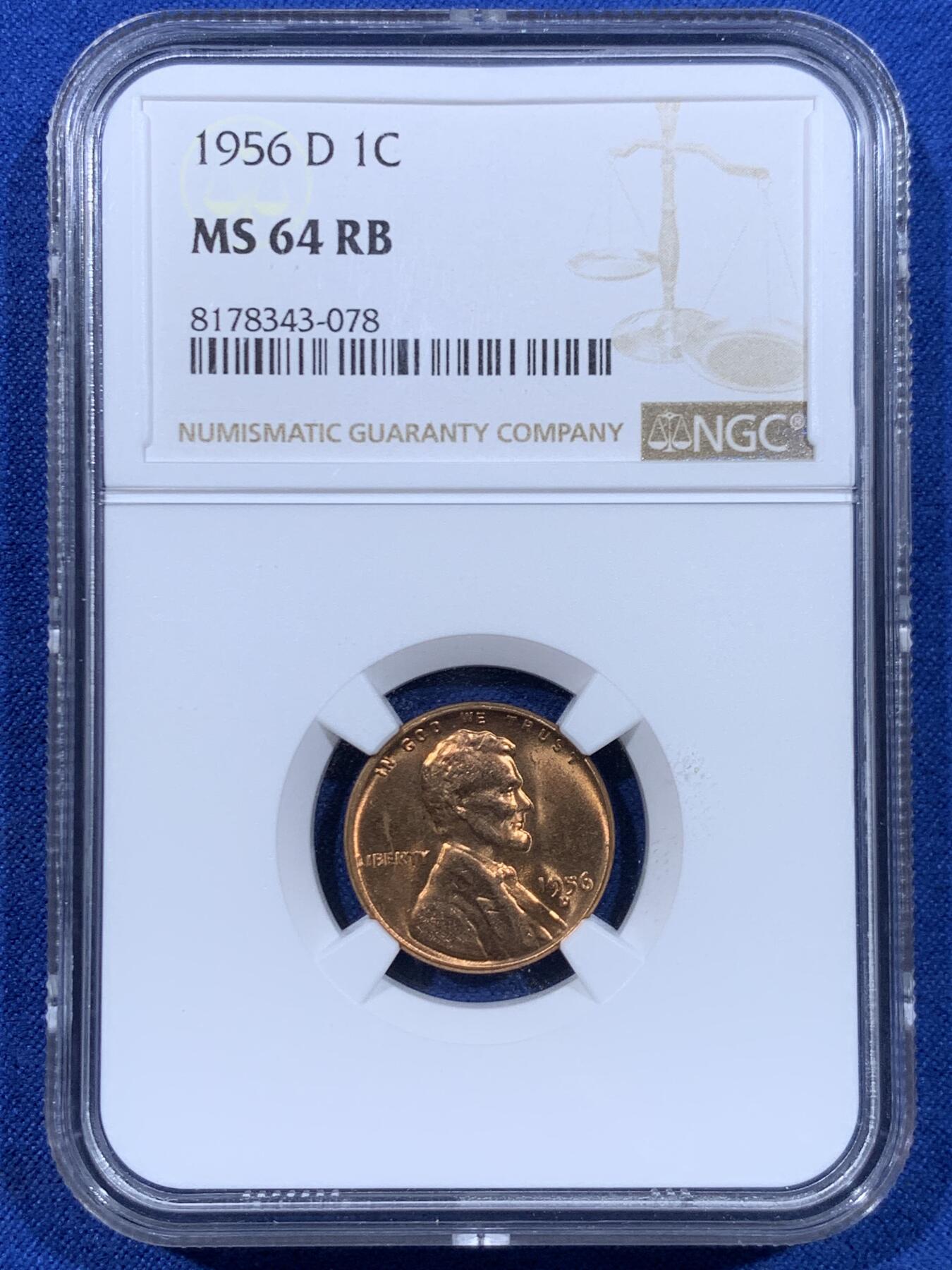 《竞宝斋》第447场 周日，周一，2场连拍 （全场包邮） NGC MS64RB 美国1956D林肯一分铜币 光泽红润