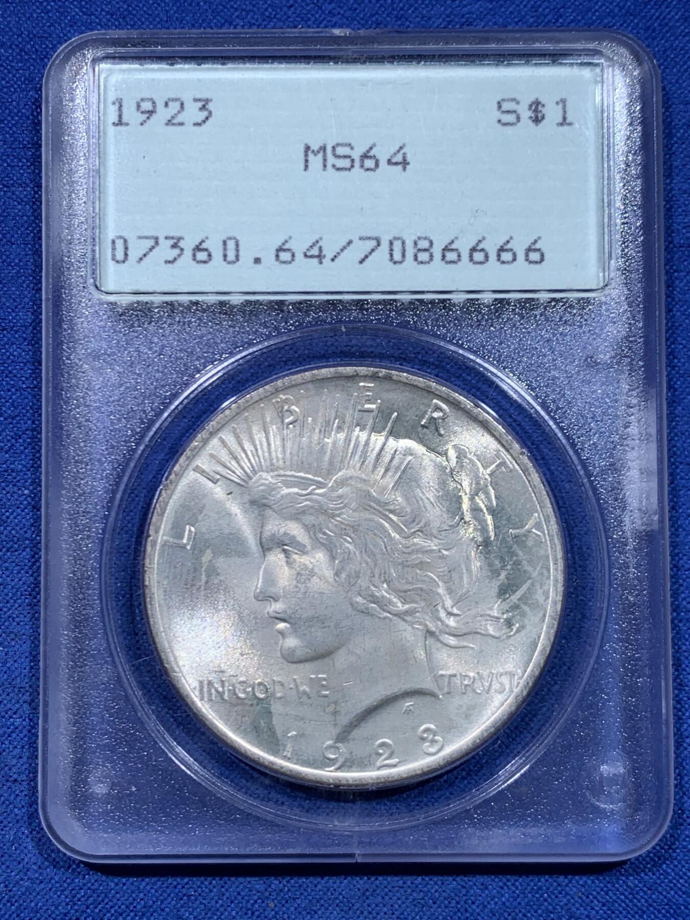 《竞宝斋》第447场 周日，周一，2场连拍 （全场包邮） PCGS MS64  美国1923年和平鸽一美元银币 经典摇摇乐