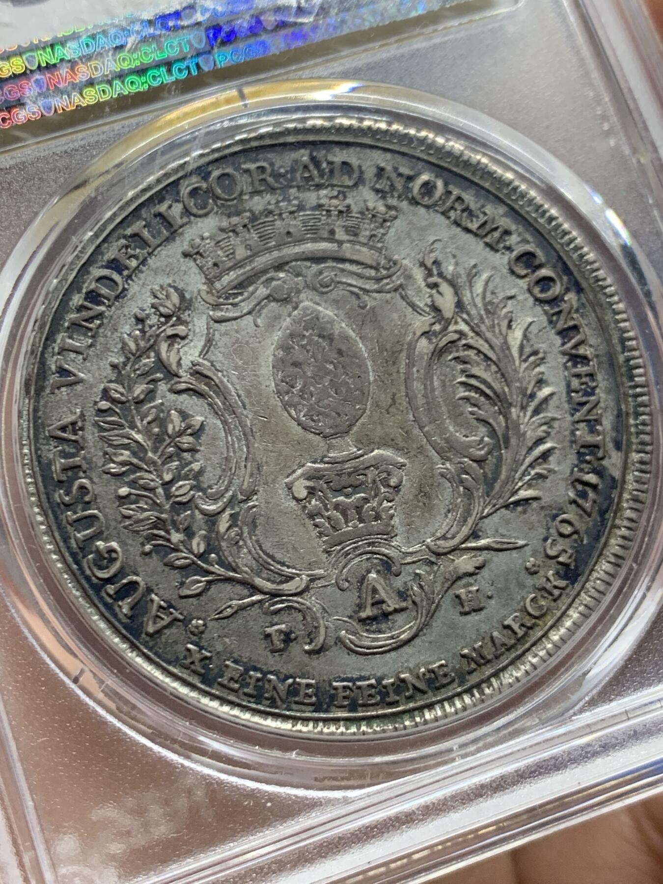 《竞宝斋》第447场 周日，周一，2场连拍 （全场包邮） PCGS AU50 德国1765年奥格斯堡1泰勒银币，老彩细节好，少见版。