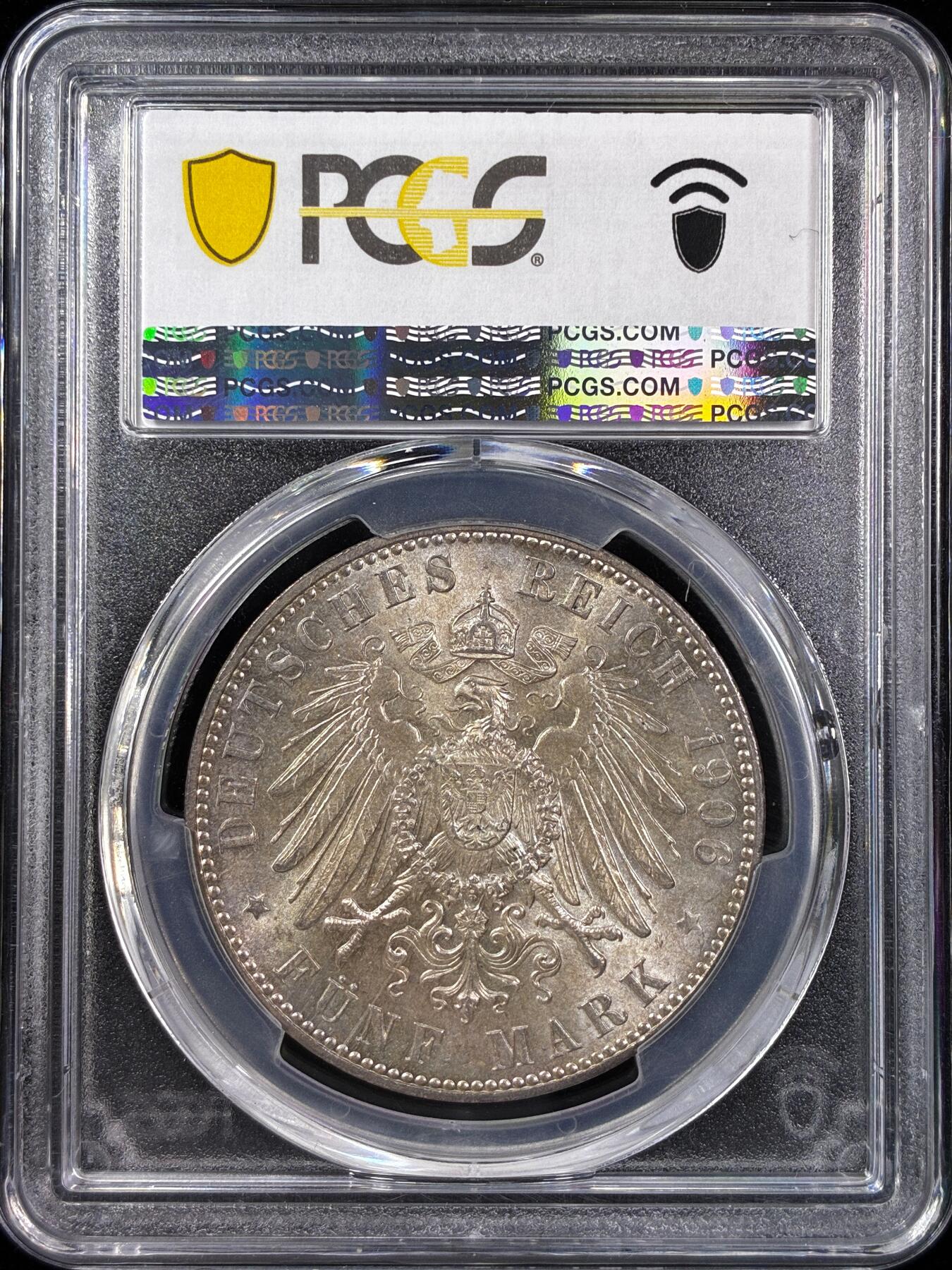 【雨安】【直播拍卖】【世界币章121期-评级币】2025-12-20 周六 19:30 保真 [评级德国] Germany 德国 帝国 J.060 不莱梅 5马克 (1906) 1906年  PCGS-MS66 顶级车轮光