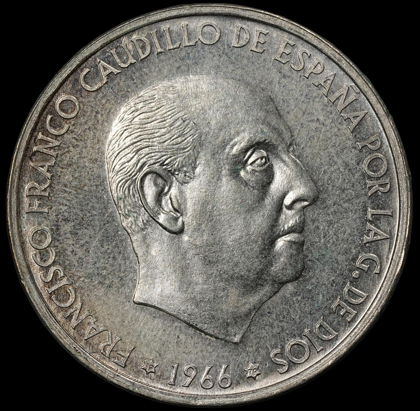 修遠堂世界钱币第九十七期 1966 年西班牙佛朗哥政权100比塞塔银币 19g，含银80%