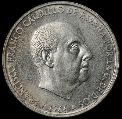 修遠堂世界钱币第九十七期 - 1966 年西班牙佛朗哥政权100比塞塔银币 19g，含银80%