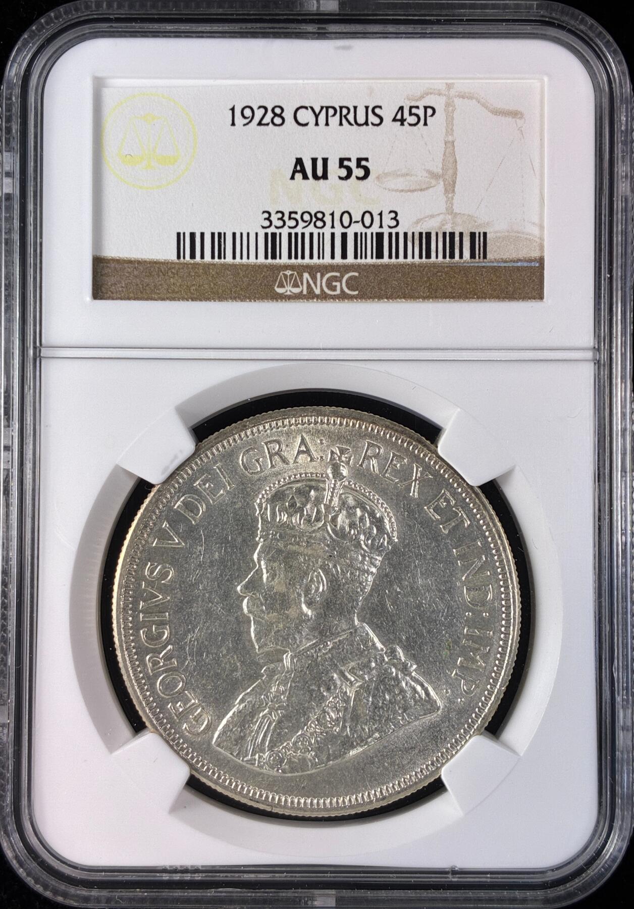 【雨安】【直播拍卖】【世界币章121期-评级币】2025-12-20 周六 19:30 保真 [评级欧洲] Cyprus 塞浦路斯 45皮阿斯特 1928年 乔治五世  NGC-AU55