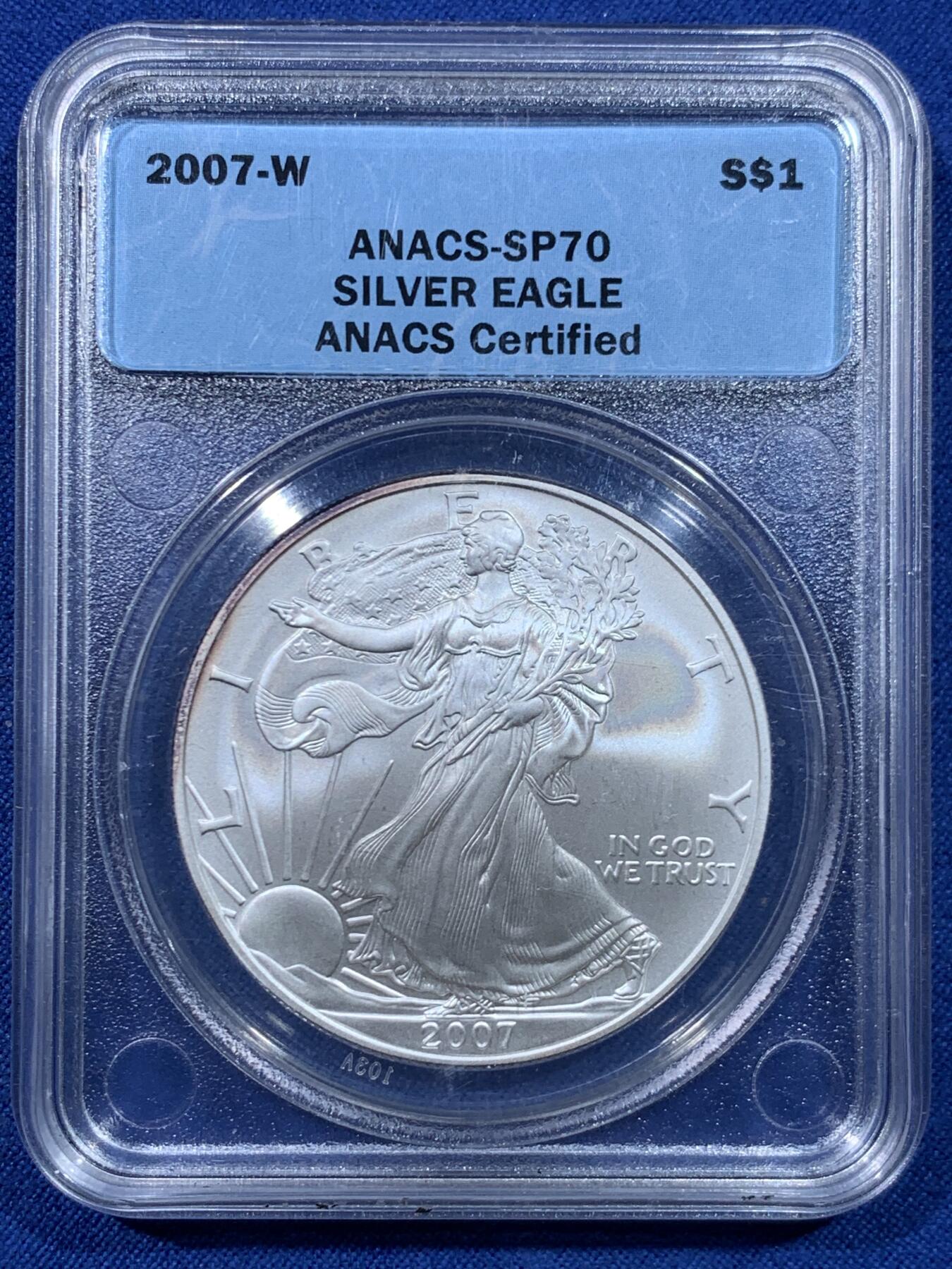 《竞宝斋》第447场 周日，周一，2场连拍 （全场包邮） ANACS SP70 美国 2007年 行走女神 1盎司银币 31.1克 W版少见 状态也是极好的