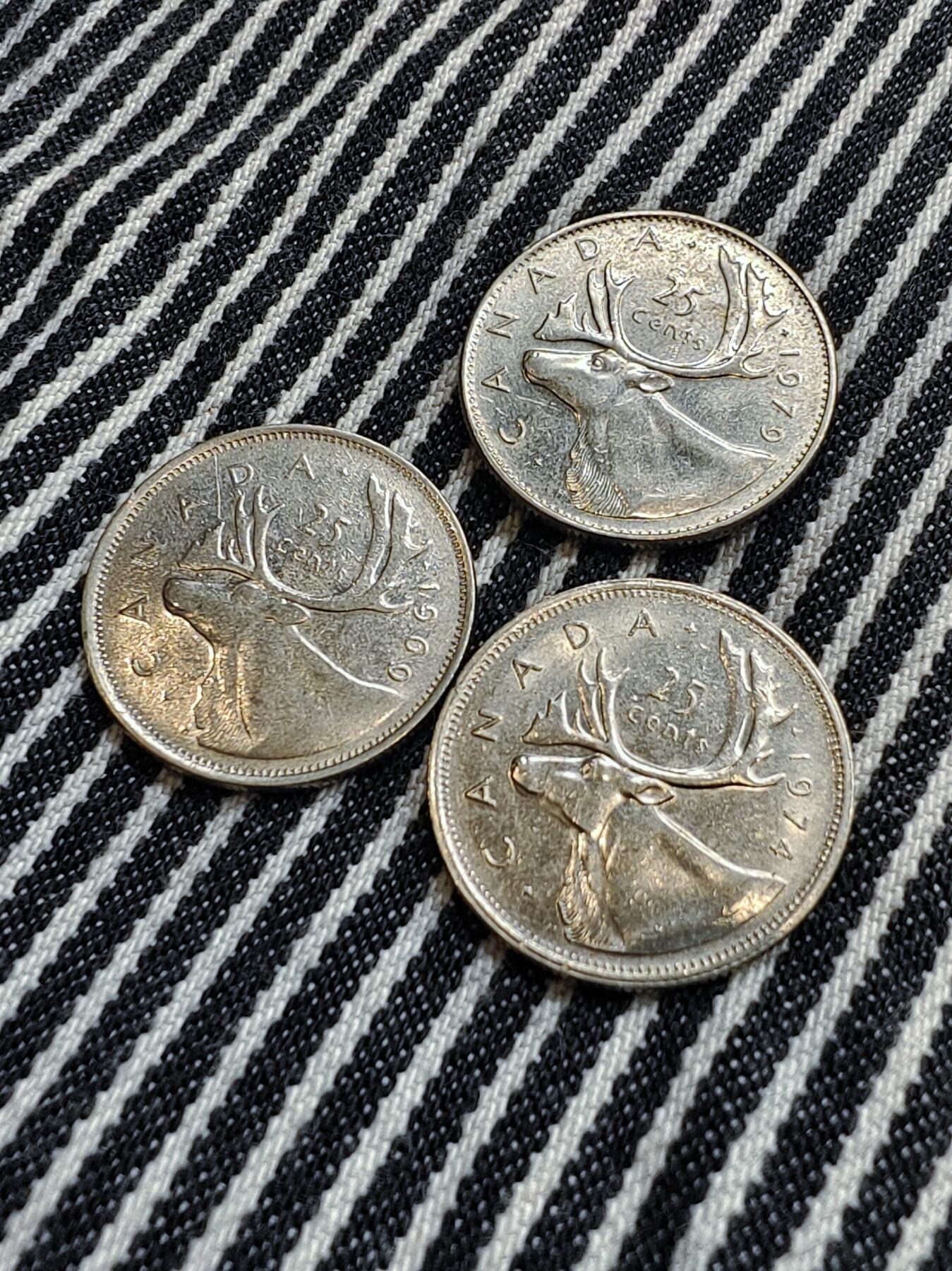 加拿大25分驯鹿镍币3枚不重复 分币 硬币 收藏  1969/1974/1979