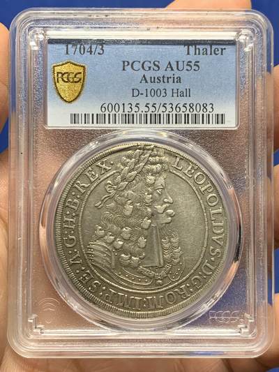 《竞宝斋》第447场 周日，周一，2场连拍 （全场包邮） - PCGS AU55 奥地利帝国蒂罗尔州1704/3年骑字版利奥波德一世泰勒大银币 哈尔厂铸造 不多见的品种 大披发地包天造型 值得入手
