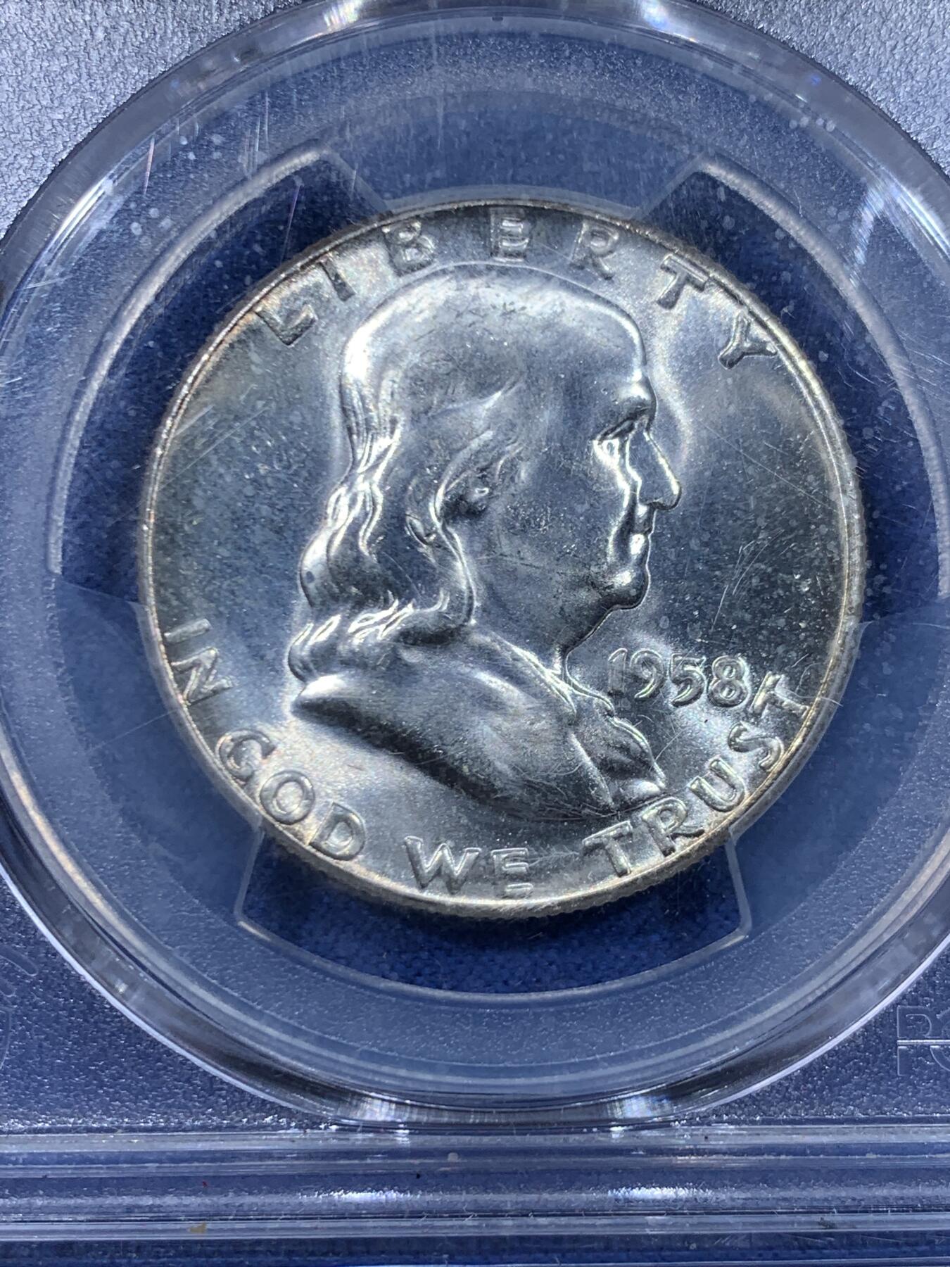 《竞宝斋》第447场 周日，周一，2场连拍 （全场包邮） PCGS MS64 美国1958年富兰克林50美分银币 转光流畅 值得入手