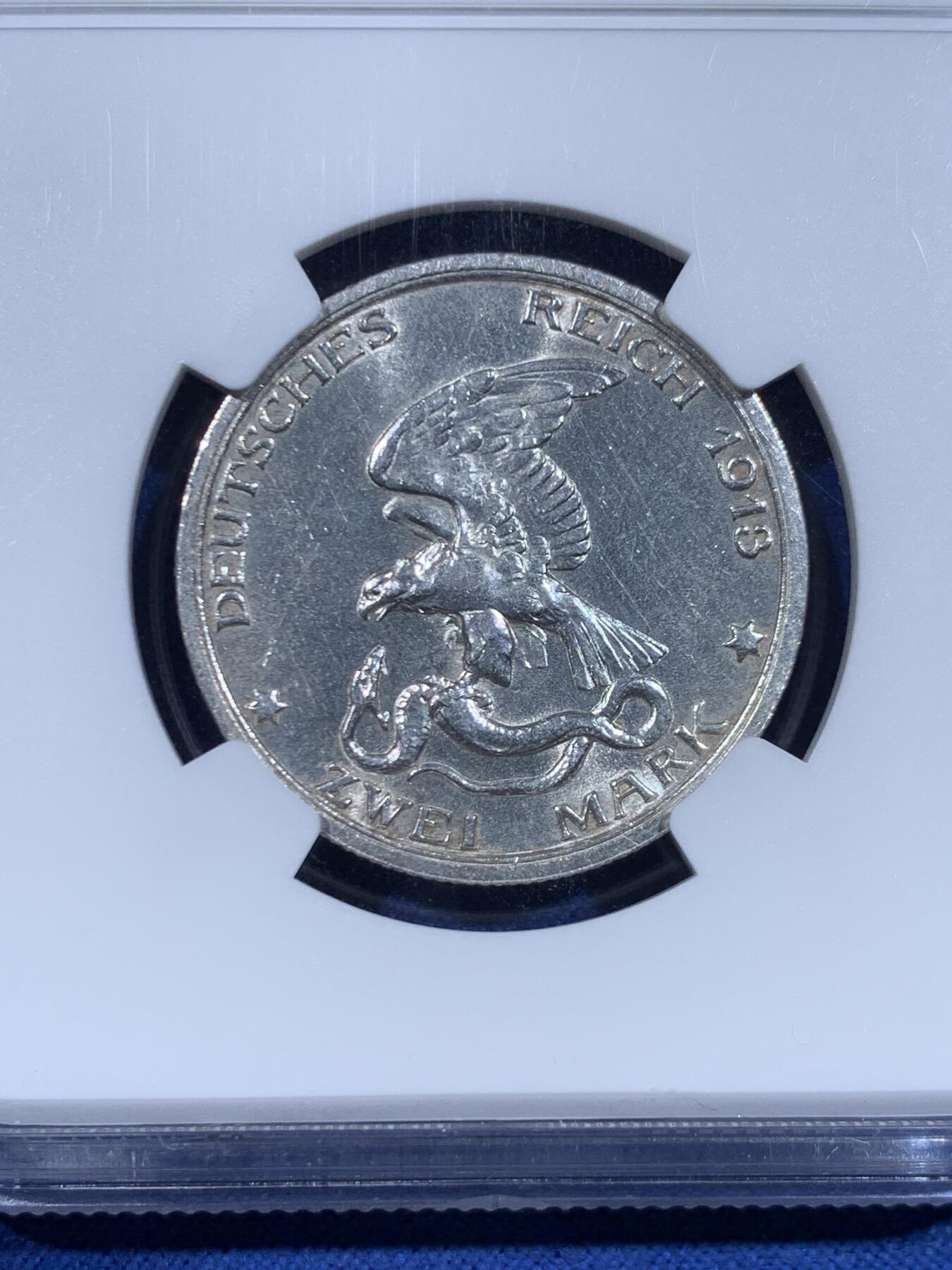 《竞宝斋》第447场 周日，周一，2场连拍 （全场包邮） NGC UNCD 德国 1913A 普鲁士击败拿破仑2马克银币 疑似错杀