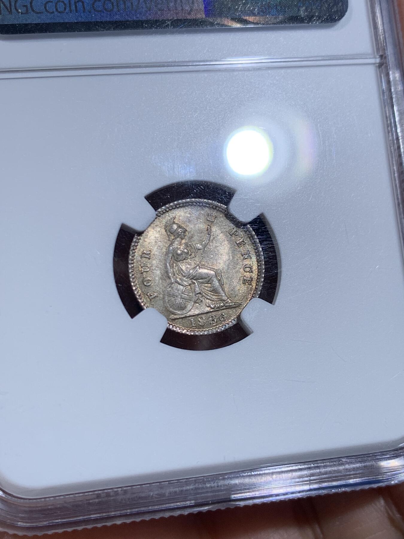 《竞宝斋》第447场 周日，周一，2场连拍 （全场包邮） NGC MS64 英国 1836年 威廉四世 4便士银币 深彩包浆 转光明显