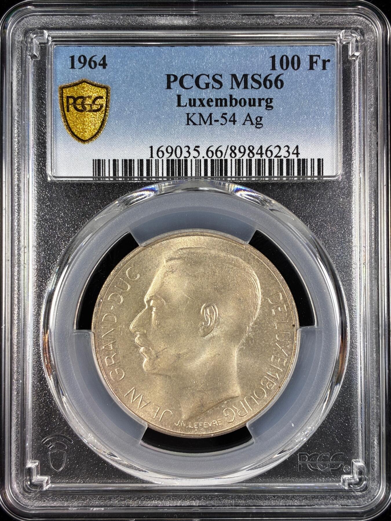 【雨安】【直播拍卖】【世界币章121期-评级币】2025-12-20 周六 19:30 保真 [评级欧洲] Luxembourg 卢森堡 100法郎 1964年  PCGS-MS66