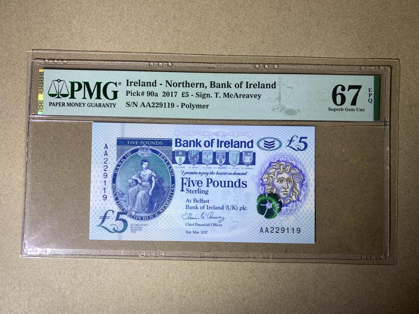 【礼羽收藏】🌏世界钱币拍卖第118期 【AA229119】2017年北爱尔兰5镑塑料钞 AA首发冠 无3457尾119 朦胧号  PMG67 高分靓号