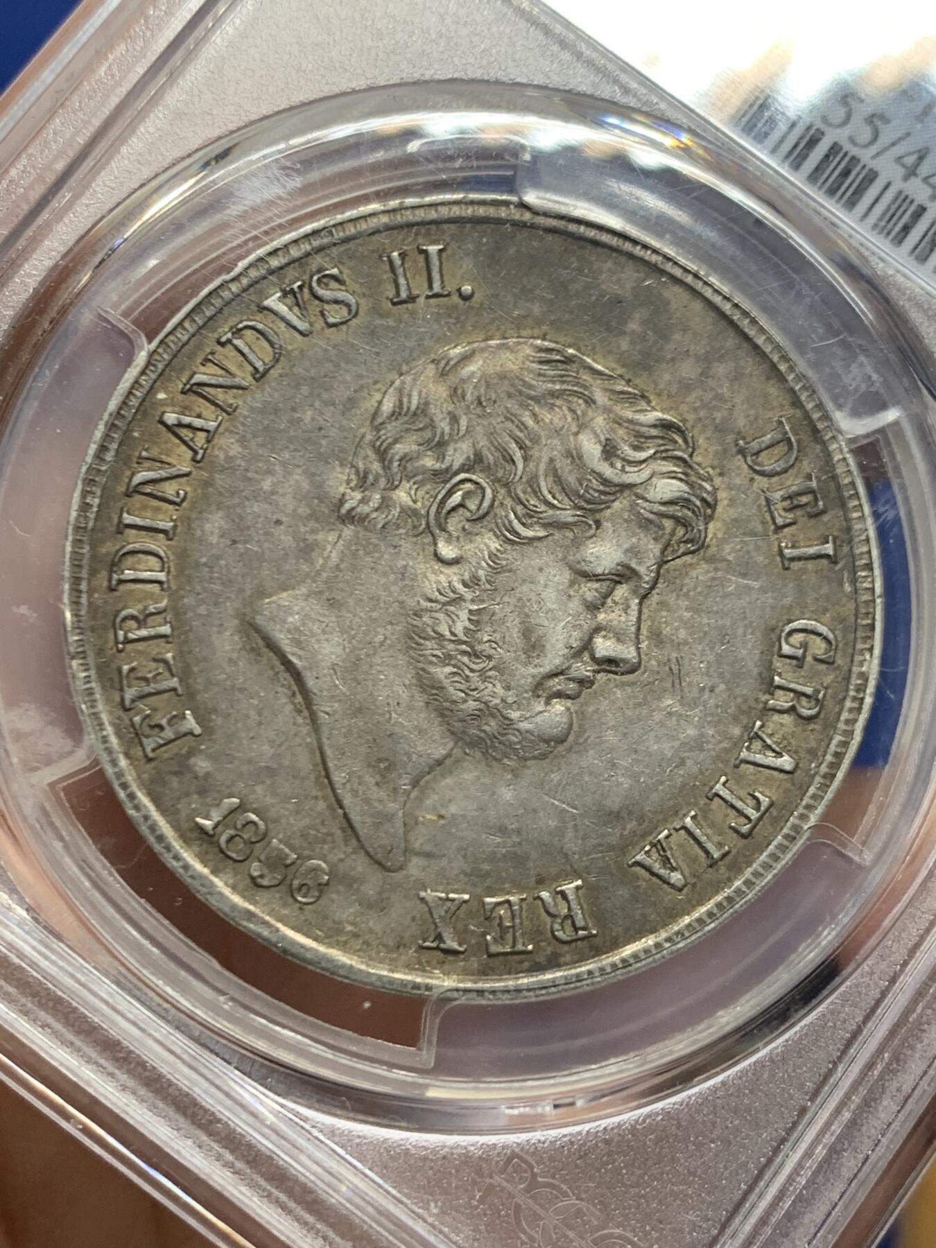 《竞宝斋》第447场 周日，周一，2场连拍 （全场包邮） PCGS AU55 意大利1856年 那不勒斯西西里120G银币