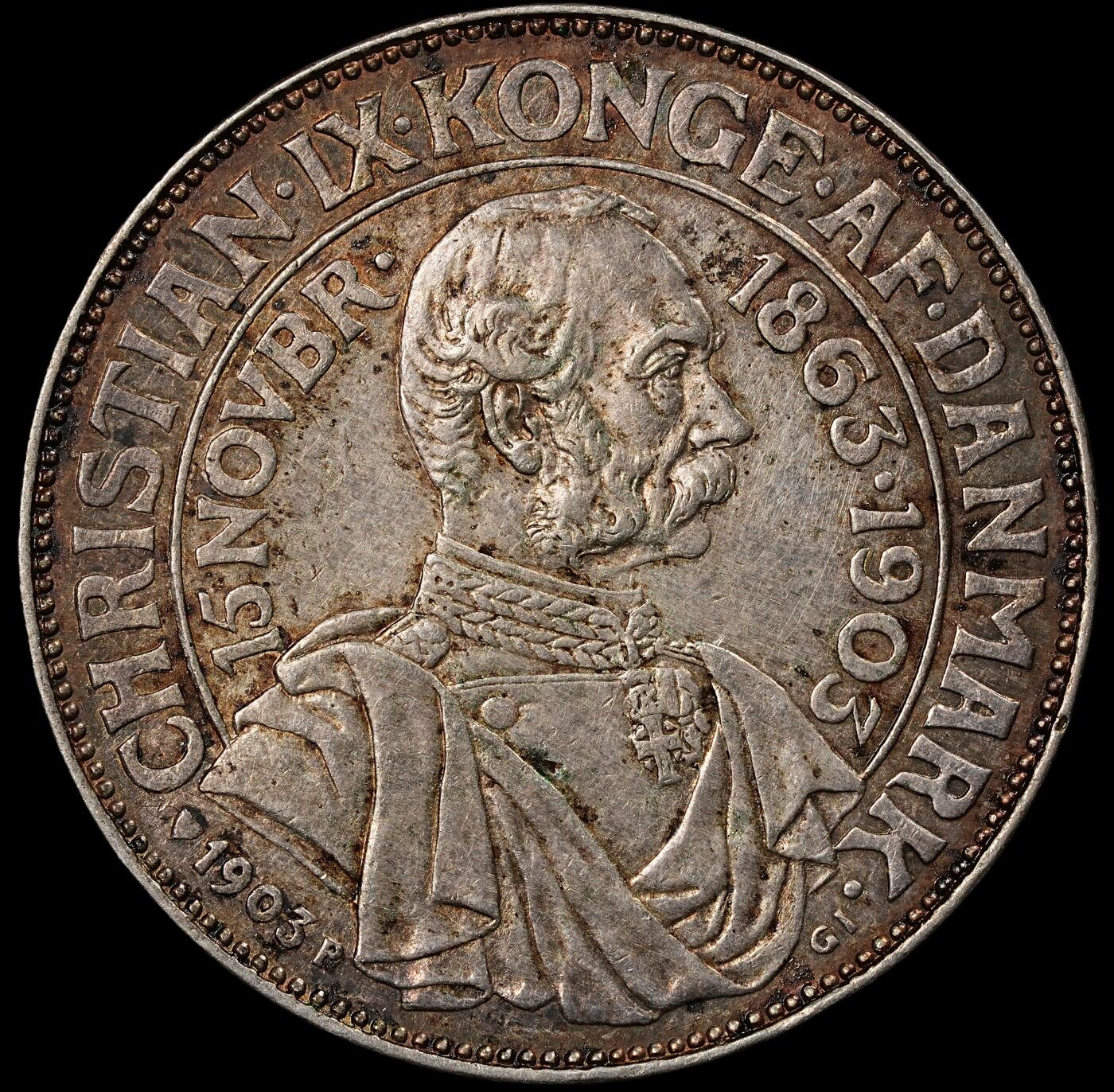 修遠堂世界钱币第九十七期 1903 年丹麦-克里斯蒂安九世在位 40 周年纪念 2 克朗银币 15g，含银80%