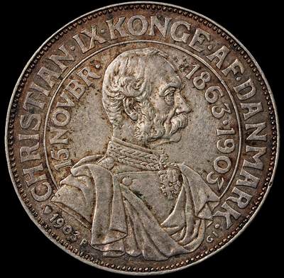 修遠堂世界钱币第九十七期 - 1903 年丹麦-克里斯蒂安九世在位 40 周年纪念 2 克朗银币 15g，含银80%