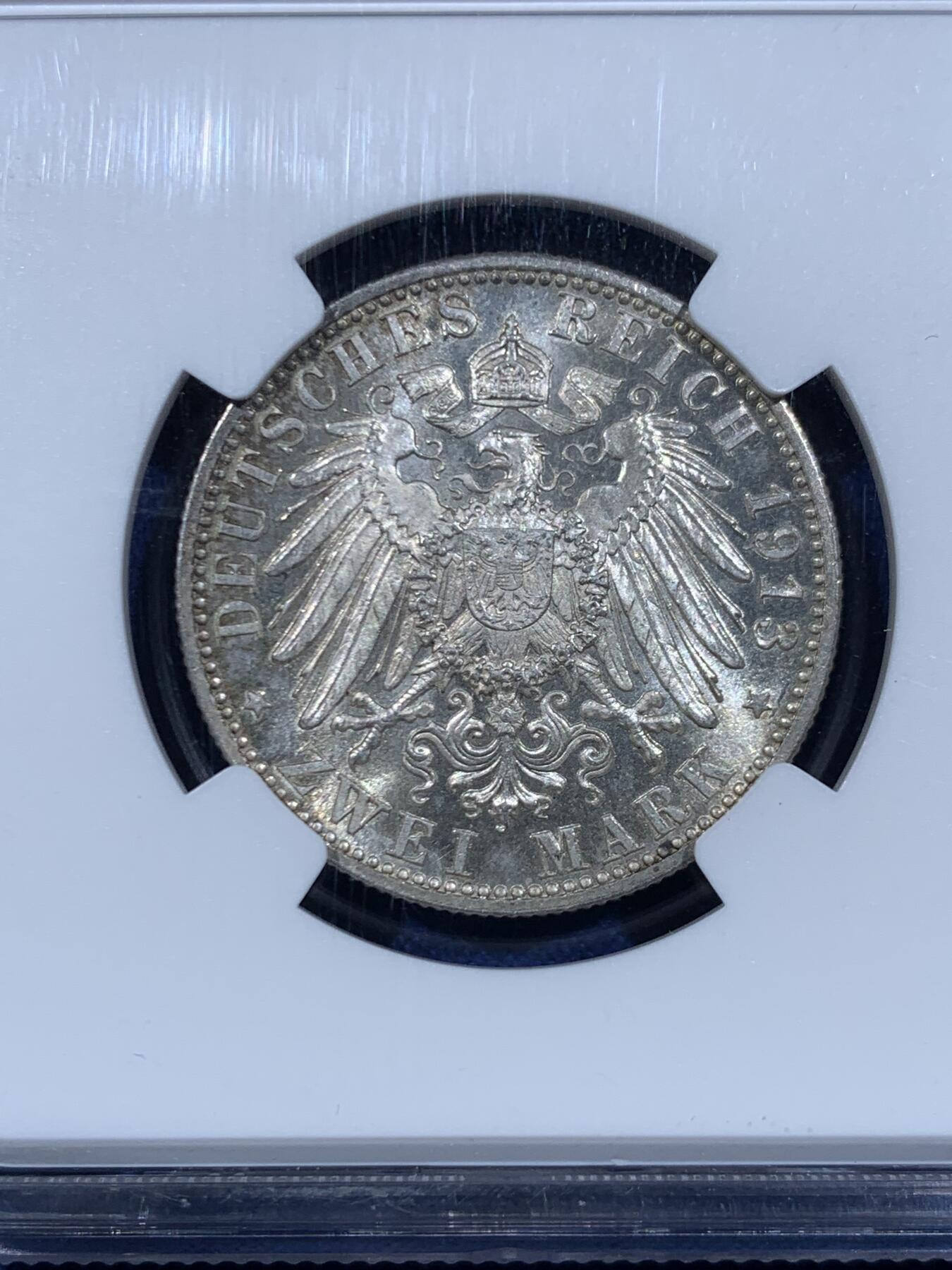 《竞宝斋》第447场 周日，周一，2场连拍 （全场包邮） NGC MS64  德国 1913F 符腾堡威廉二世长翅流通2马克银币 PL底板 转光犀利