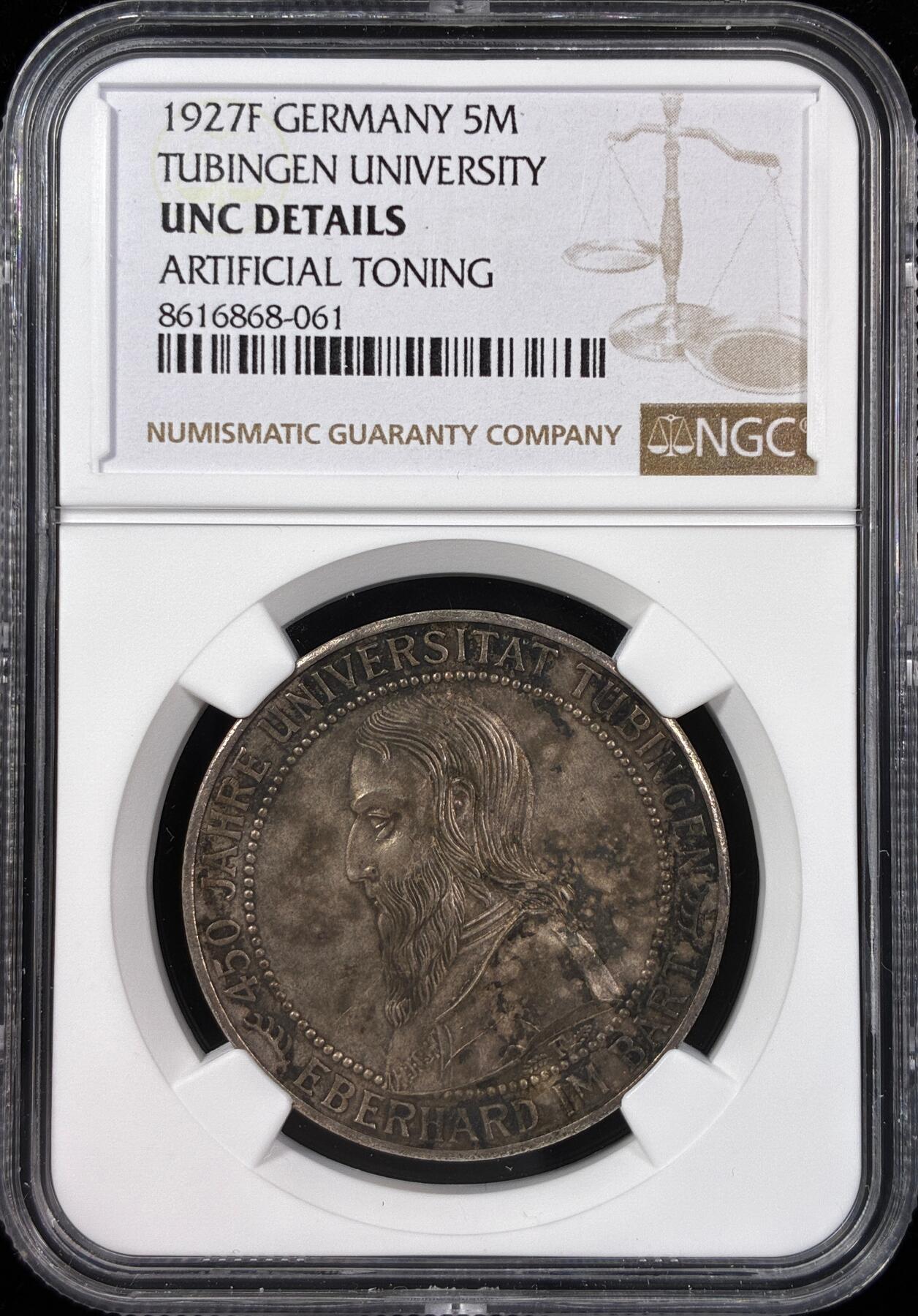 【雨安】【直播拍卖】【世界币章121期-评级币】2025-12-20 周六 19:30 保真 [评级德国] Germany 德国 魏玛 5马克 KM#55 图宾根大学 1927年  NGC-UNC