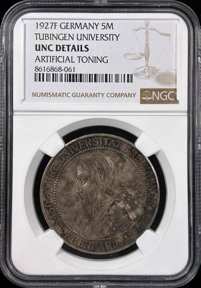 【雨安】【直播拍卖】【世界币章121期-评级币】2025-12-20 周六 19:30 保真 - [评级德国] Germany 德国 魏玛 5马克 KM#55 图宾根大学 1927年  NGC-UNC