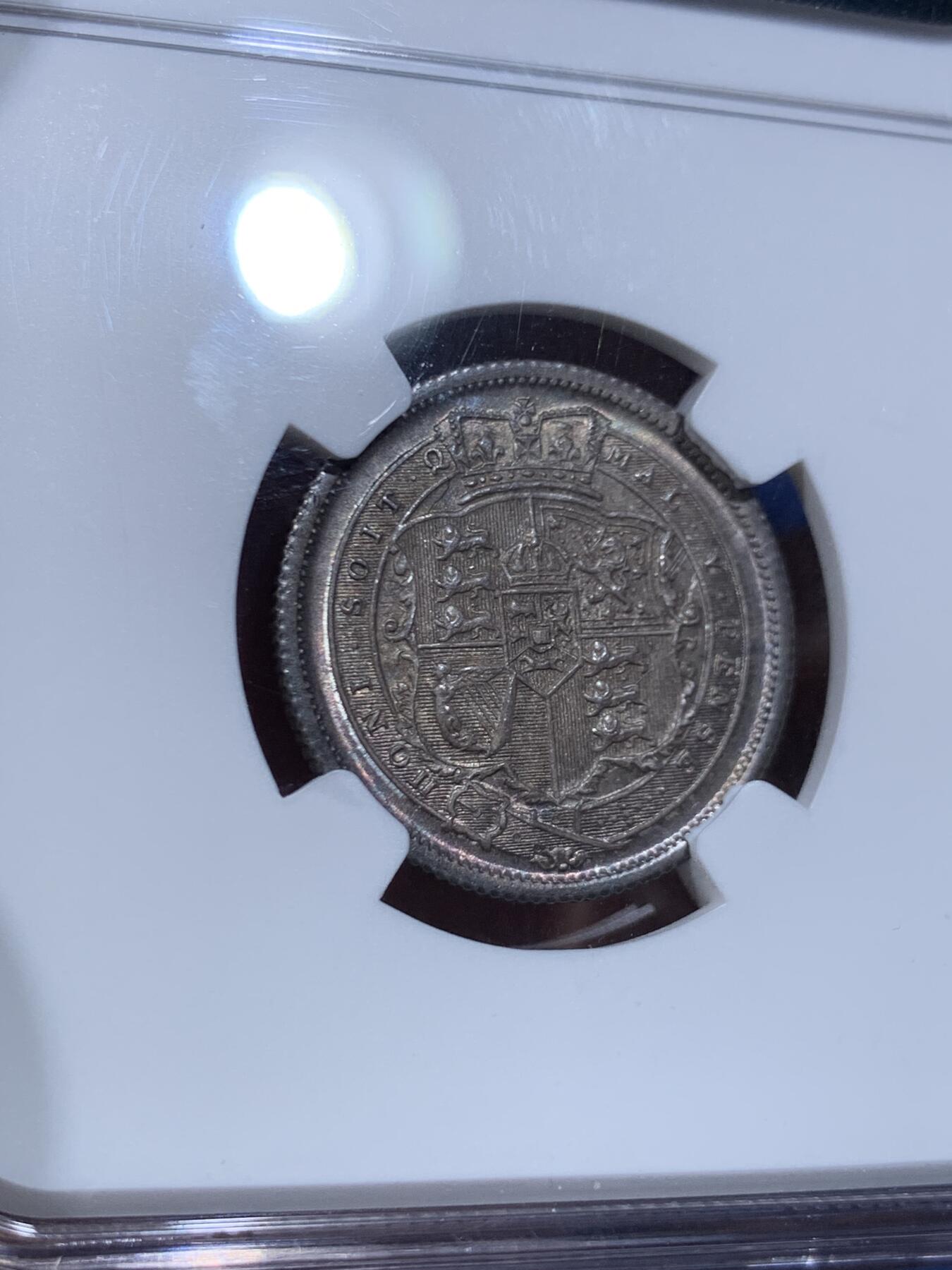 《竞宝斋》第447场 周日，周一，2场连拍 （全场包邮） NGC MS65 英国1817年乔治三世1先令银币 双面深彩包浆 高点保存得很好