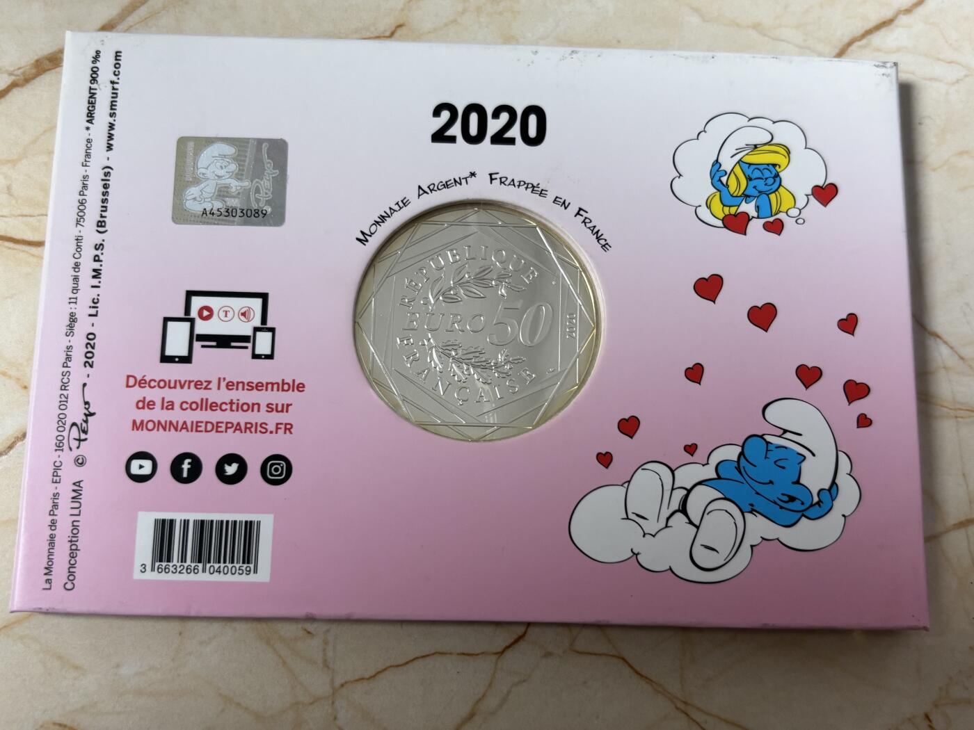 第186期拍卖 法国2020年童年的回忆蓝精灵50欧元系列爱情银币，900银，41克，发行20000枚