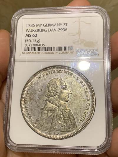 《竞宝斋》第447场 周日，周一，2场连拍 （全场包邮） - NGC MS62 德国 1786年 维尔茨堡主教区  2泰勒大银币 56.13克 双倍的享受 包浆自然 小天使鼻尖清晰 非常稀少的品种 具体细节状态见图
