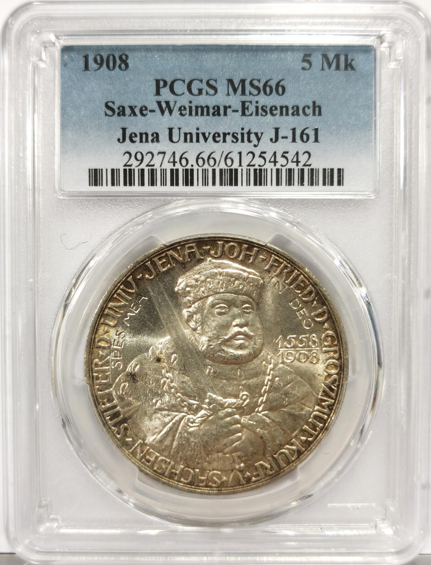 博洋堂世界钱币拍卖第153期（全场包邮） PCGS MS66 德国萨克森-魏玛-爱森纳赫1908年耶拿大学5马克银币，高分一枚毕业！