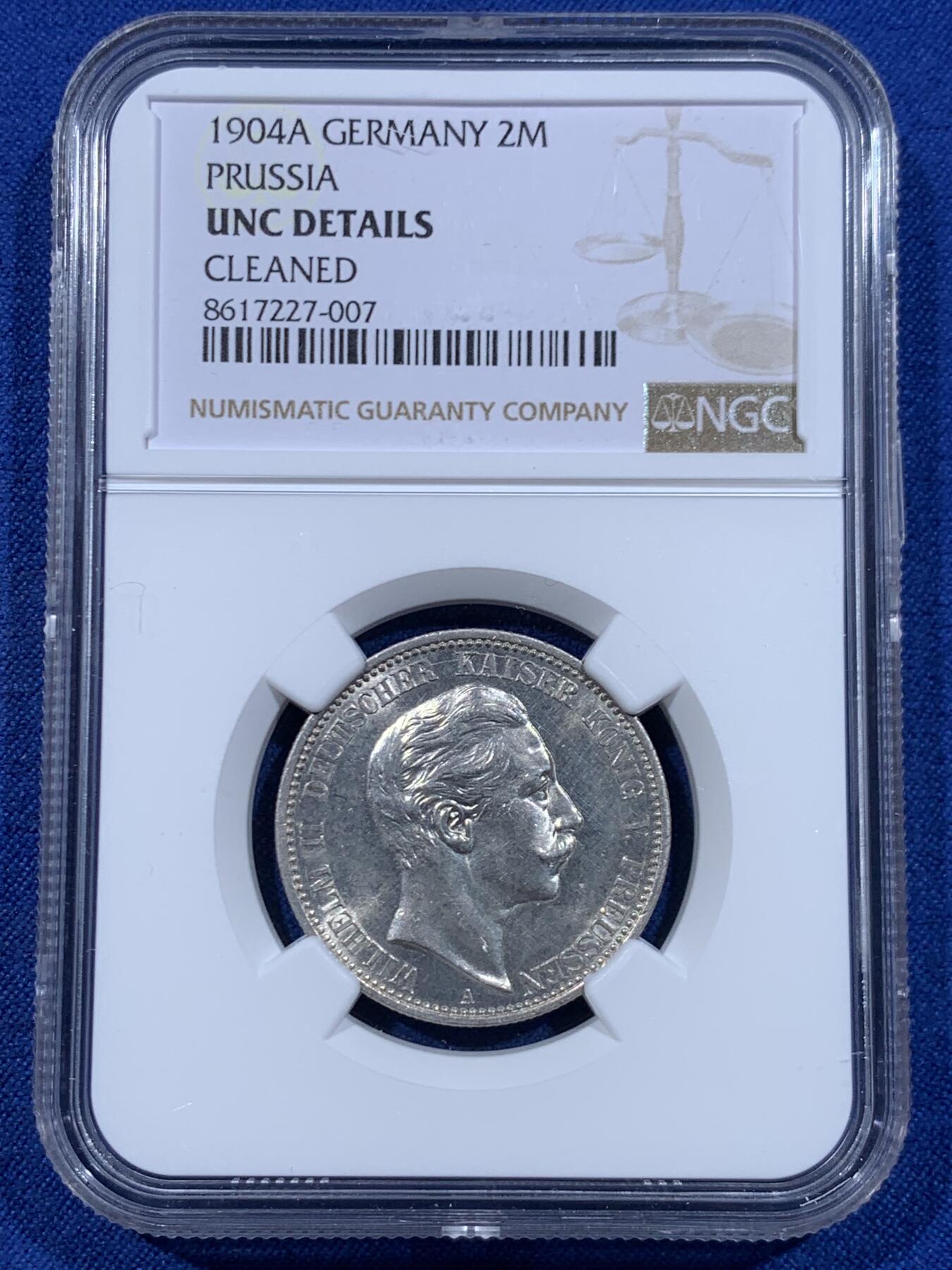 《竞宝斋》第447场 周日，周一，2场连拍 （全场包邮） NGC UNCD 德国 1904年 威廉二世皇帝 2马克 银币