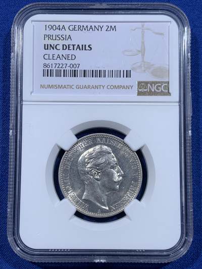 《竞宝斋》第447场 周日，周一，2场连拍 （全场包邮） - NGC UNCD 德国 1904年 威廉二世皇帝 2马克 银币