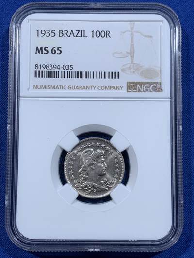 《竞宝斋》第447场 周日，周一，2场连拍 （全场包邮） - NGC MS65 巴西 1935年 100瑞斯 经典辅币 这个分数也不易