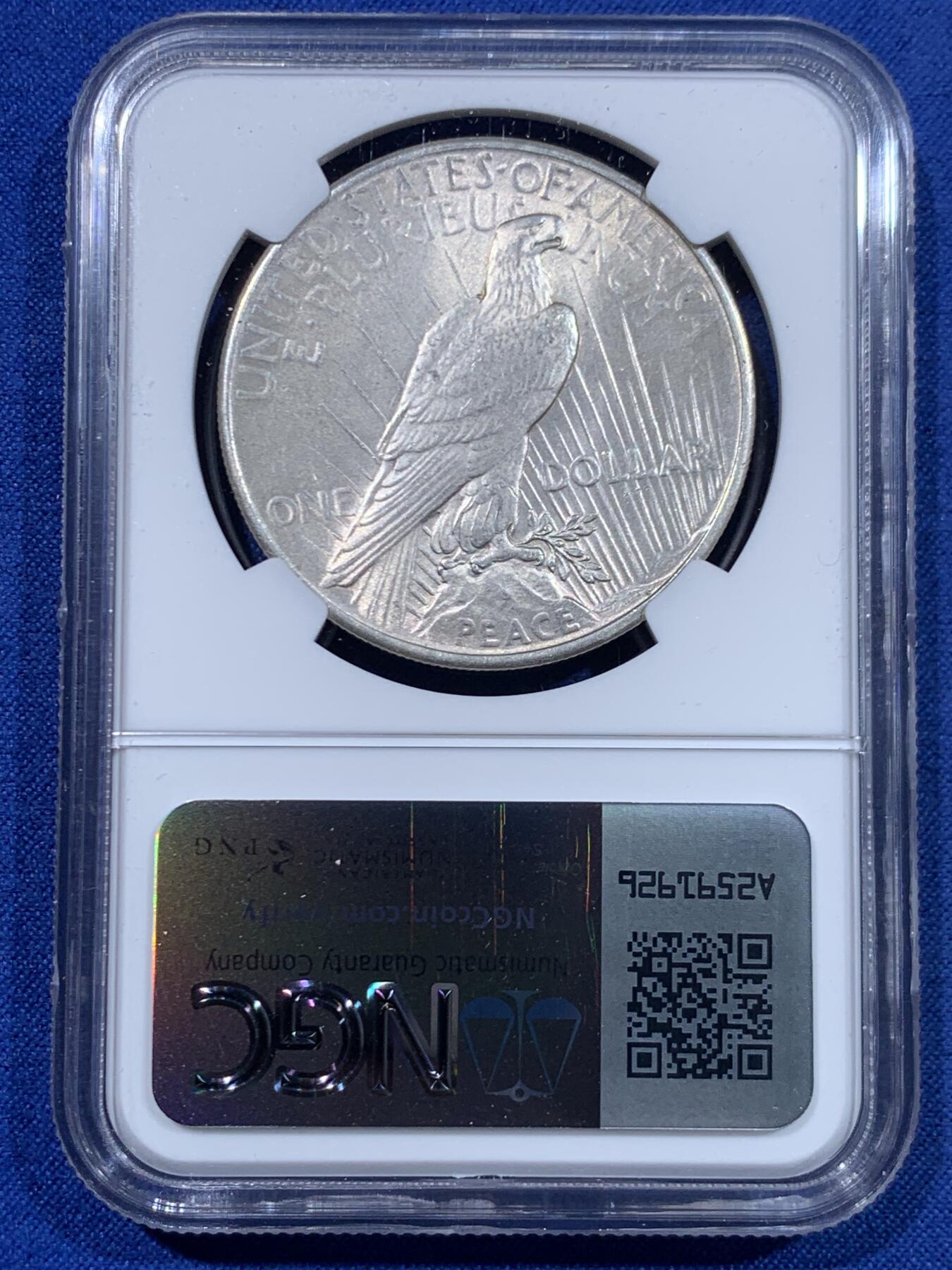 《竞宝斋》第447场 周日，周一，2场连拍 （全场包邮） NGC UNCD 美国1925年和平女神1美元大银币 少见年份 底板状态不错 深打 性价比之选