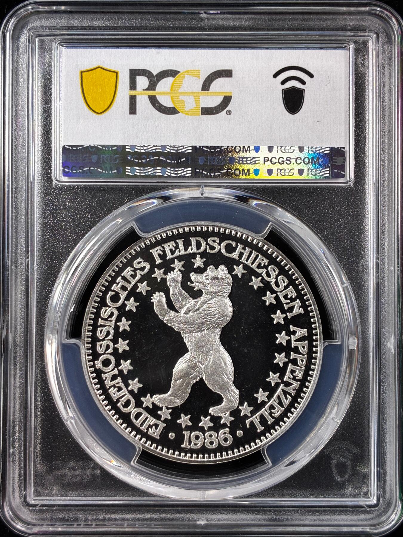 【雨安】【直播拍卖】【世界币章121期-评级币】2025-12-20 周六 19:30 保真 [评级现代] Switzerland 瑞士 50法郎 1986年 阿彭策尔射击节 PCGS-PR68DCAM 精制