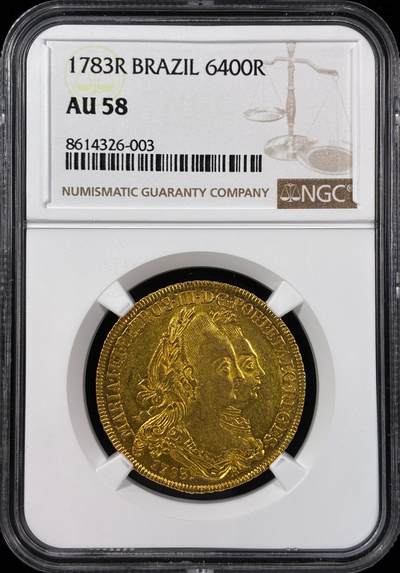 【雨安】【直播拍卖】【世界币章121期-评级币】2025-12-20 周六 19:30 保真 - [金币] Brazil 巴西 6400瑞斯 (1777-1786) 玛丽亚一世和佩德罗三世 [14.34g, 0.917gold] 1783年  NGC-AU58
