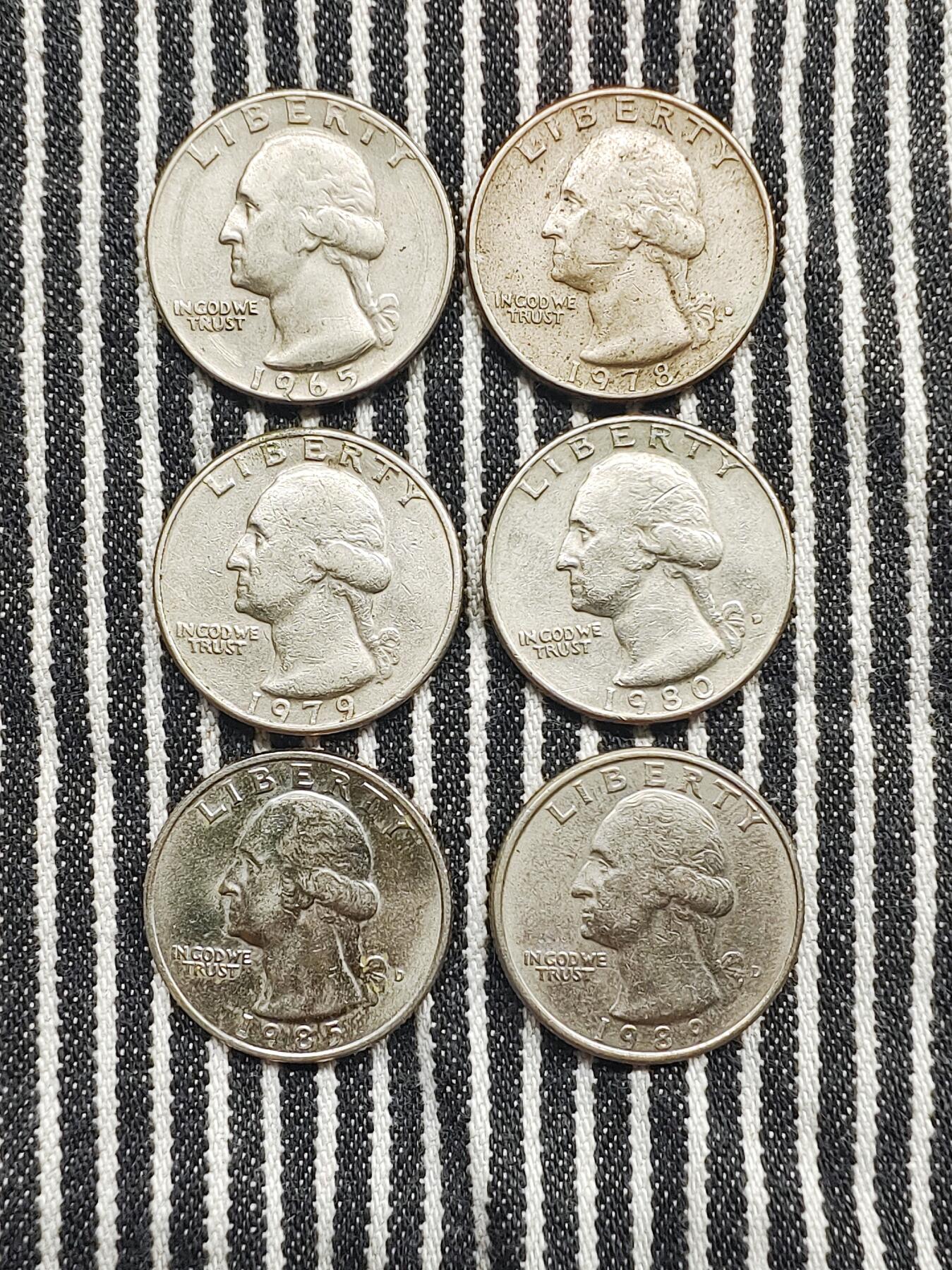 美国华盛顿25美分飞鹰币6枚一组不重复 分币 硬币 收藏  1965/1978D/1979/1980D/1985D/1989D