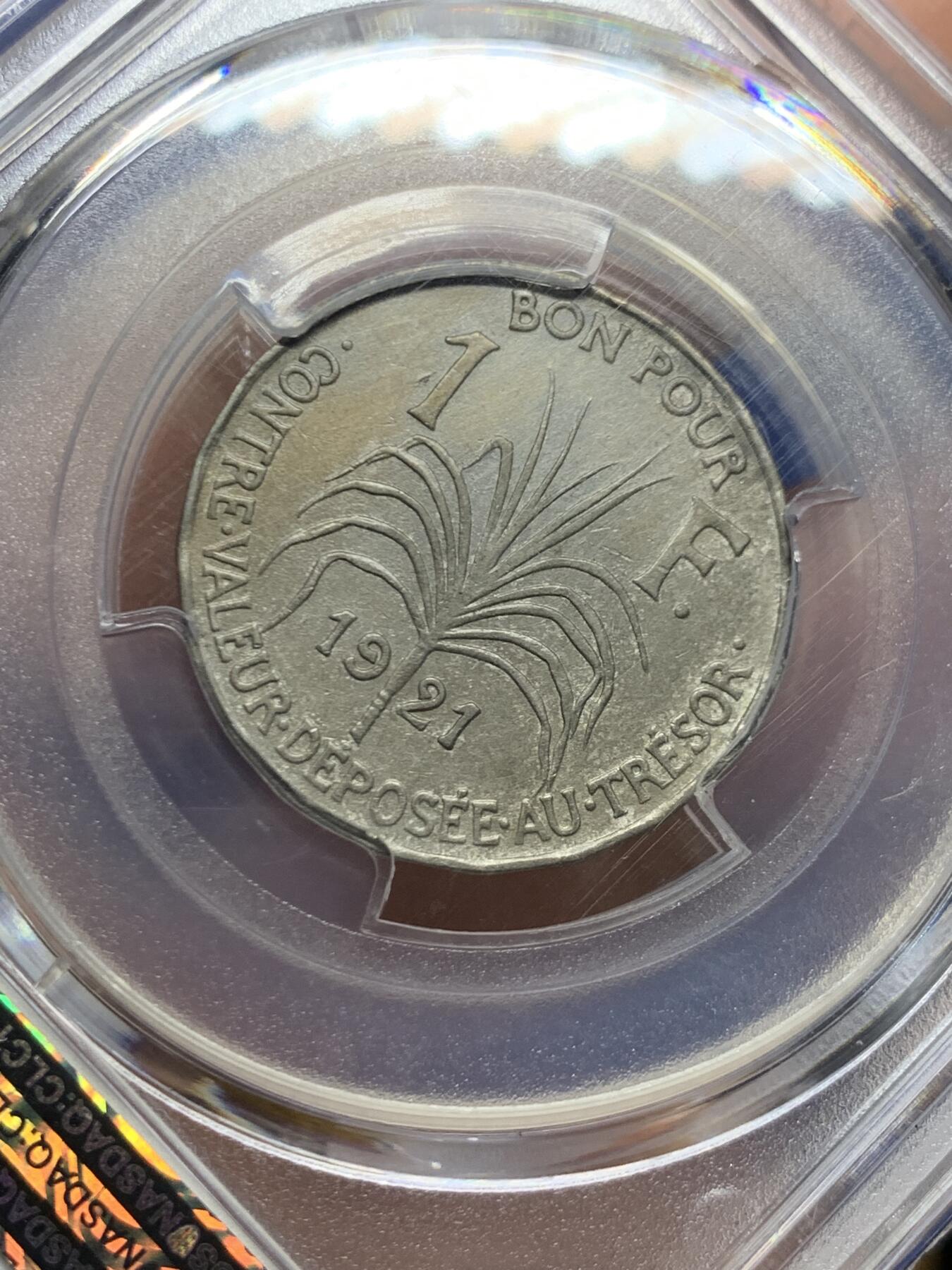 《竞宝斋》第447场 周日，周一，2场连拍 （全场包邮） PCGS AUD 瓜德罗普1921年1法郎，少见法属殖民地品种，经典女神形象，值得拥有。