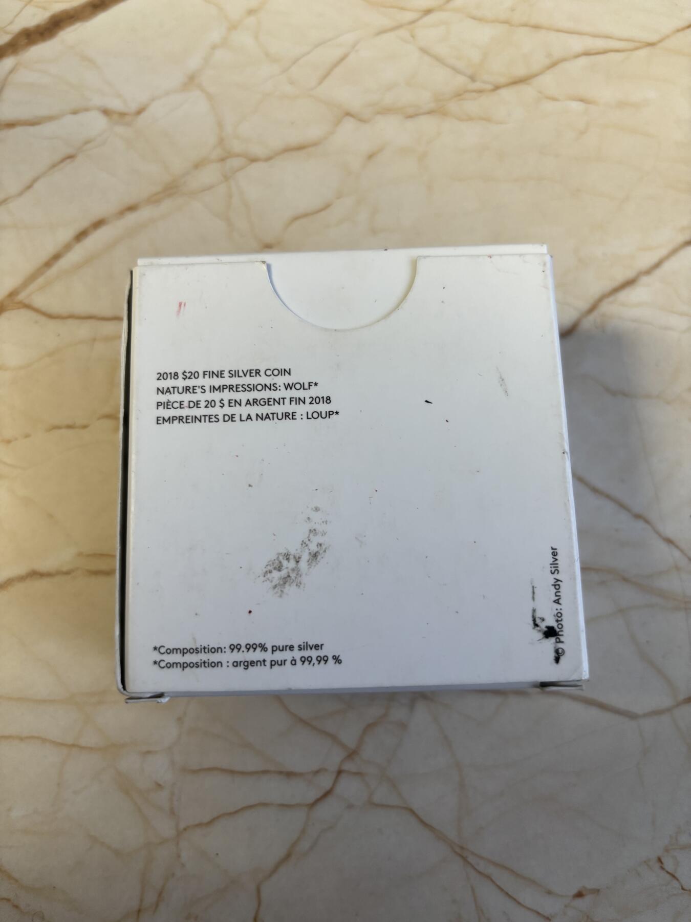 第186期拍卖 加拿大2018年大自然的印象系列3北美狼脚印银币，9999银，发行5500枚