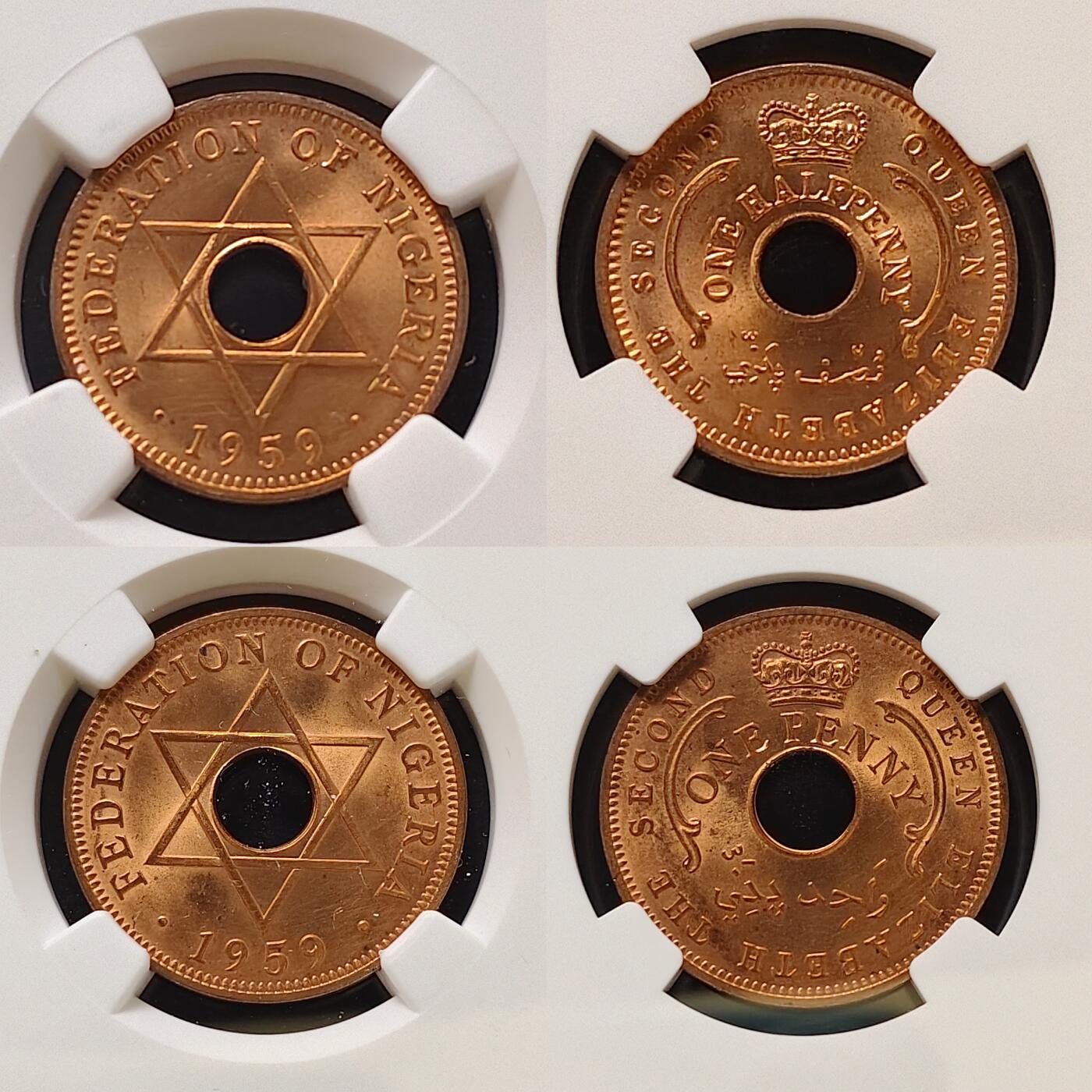 【全场包邮】纯粹捡漏拍487场（免费代拍第24场） 尼日利亚1959年1/2分-1分铜币2枚一组-1/2分MS63+1分UNC DETAILS